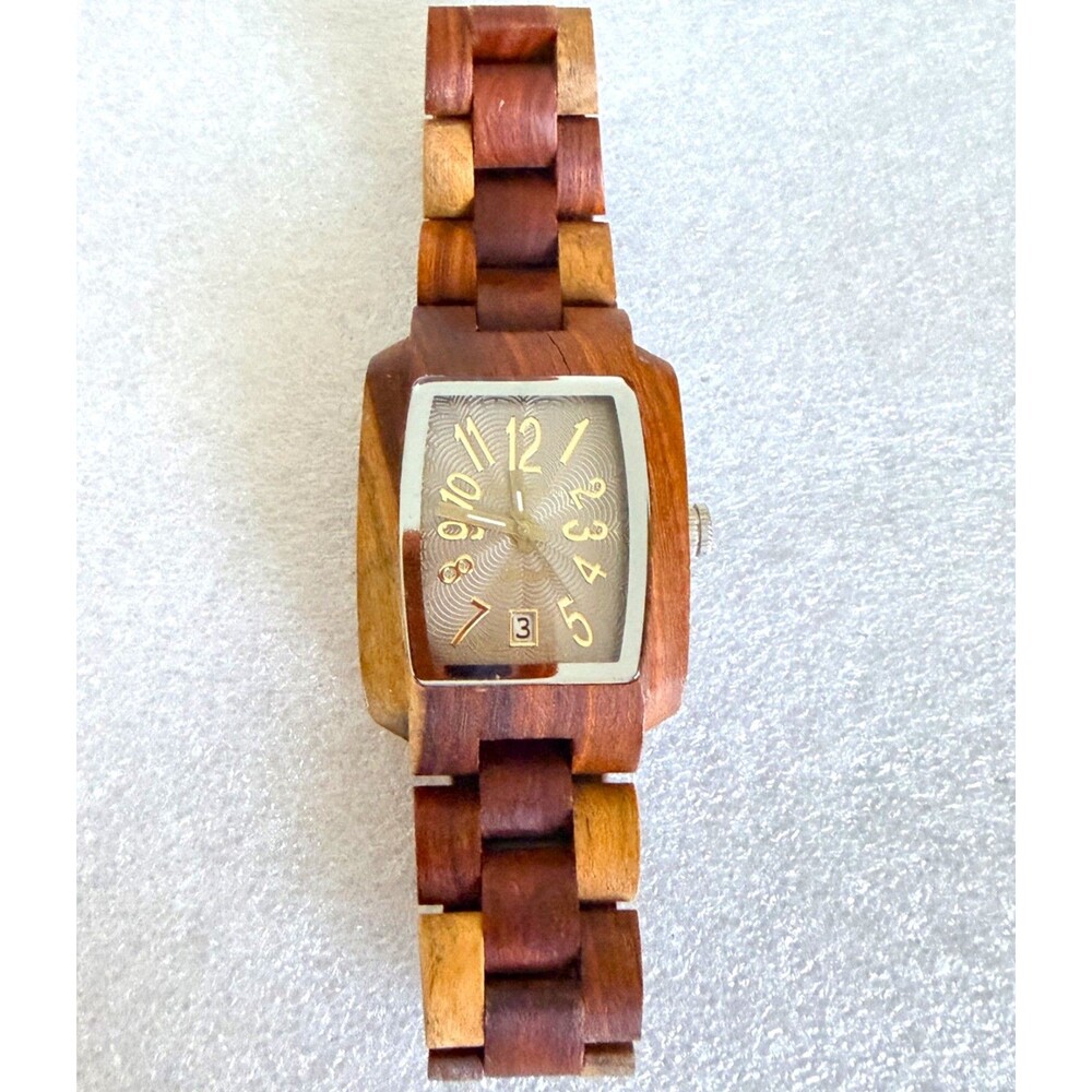 Tense Canada Natural Wood Watch Rectangle Date Dial Two Tone Wooden Links Unisex